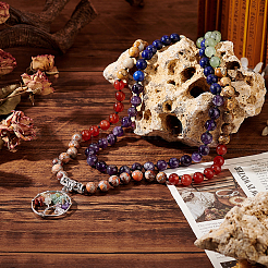 Natural Mixed Stone Tree of Life Pendant Necklace with Round Beaded Chains&nbsp;NJEW-AB00015-01