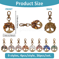 36Pcs 9 Styles Flat Round with Tree of Life Natural Gemstone Chips Pendant Decorations&nbsp;HJEW-FH00052