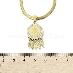 201 Stainless Steel Clear Cubic Zirconia Flat Round Virgin with Feather Pendant Necklaces&nbsp;NJEW-H055-04G