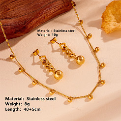 304 Stainless Steel Round Bead Necklaces & Stud Dangle Earrings Sets&nbsp;FS-WG5B7A4-01