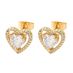 Brass Micro Pave Clear Cubic Zirconia Heart Stud Earrings&nbsp;EJEW-K267-20G