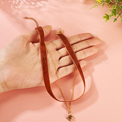 Alloy Resin Sun Pendant Single Face Dark Red Velvet Ribbon & Brass Chain Double Layered Choker Necklaces&nbsp;NJEW-TAC0039
