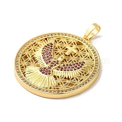 Flat Round with Pigeons & Cross Rack Plating Brass Micro Pave Cubic Zirconia Pendants&nbsp;KK-K377-42G