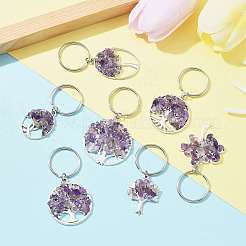 Natural Amethyst Chip & Alloy Tree of Life Pendant Keychain&nbsp;KEYC-JKC00648-06
