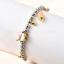 Brass Enamel Round Beads Charm Bracelets for Women&nbsp;BJEW-D317-11A-PG