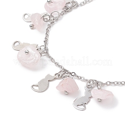 Natural Rose Quartz Chips & Cat Charms Anklet&nbsp;AJEW-AN00512-03