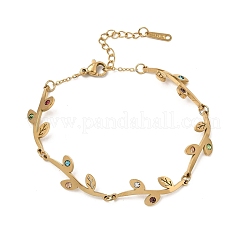 304 Stainless Steel Colorful Rhinestone Leaf Link Chain Bracelets&nbsp;SA-CBAF6AD-12G
