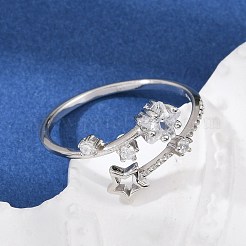 Star Sterling Silver Cubic Zirconia Adjustable Open Cuff Rings for Women&nbsp;RJEW-B128-04