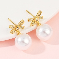Bowknot Brass Micro Pave Clear Cubic Zirconia Dangle Stud Earrings&nbsp;EJEW-F895-11G