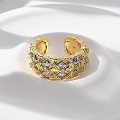 Square Pattern Brass Micro Pave Clear Cubic Zirconia Cuff Rings for Women&nbsp;RJEW-U041-14G