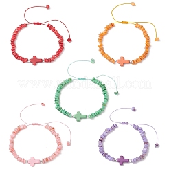 Adjustable Natural Freshwater Shell & Dyed Synthetic Turquoise Beads Braided Bead Bracelets for Women&nbsp;BJEW-JB13105