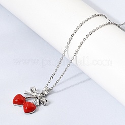 Brass Pave Clear Cubic Zirconia Enamel Bowknot Red Cherry Pendant 304 Stainless Steel Cable Chain Necklaces for Women&nbsp;NJEW-H092-03P