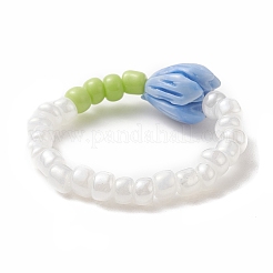 Flower Bud Synthetic Coral & Glass Seed Beaded Stretch Ring for Women&nbsp;RJEW-JR00557