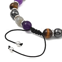 Adjustable Natural Labradorite and Tiger Eye and Non-Magnetic Synthetic Hematite Round Braided Bead Bracelets for Womne&nbsp;BJEW-JB13590