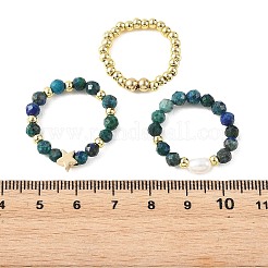 3 Pcs Natural Gemstone & Cultured Freshwater Pearl & Brass Beaded Stretch Ring Set&nbsp;RJEW-JR01084