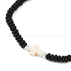 Natural Lava Rock Rondelle & Synthetic Turquoise Cross Beads Stretch Bracelets for Women&nbsp;BJEW-JB12053-02