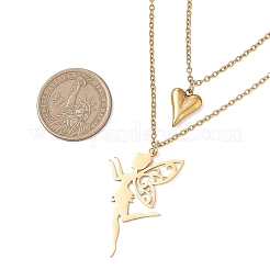Stainless Steel Fairy and Heart Pendant 304 Stainless Steel Cable Chain Double Layer Necklaces for Women&nbsp;NJEW-JN05810-01