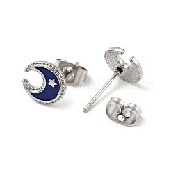 Enamel Crescent Moon with Star Stud Earrings with 316 Surgical Stainless Steel Pins&nbsp;EJEW-A081-09P