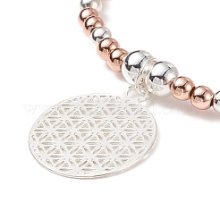 Two Tone Brass Round Beaded Stretch Bracelet with Flower Charm for Women&nbsp;BJEW-JB08598