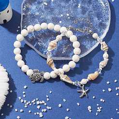 2Pcs 2 Style Synthetic Howlite & Glass & Shell Stretch Bracelets with Tortoise&nbsp;BJEW-JB10091-03