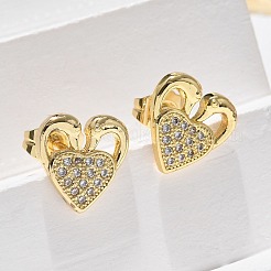 Valentine's Day Heart Brass Micro Pave Clear Cubic Zirconia Stud Earrings&nbsp;EJEW-D305-22G-04