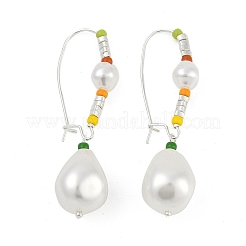 Brass & Glass & Plastic Imitation Pearl Teardrop Hoop Earrings&nbsp;EJEW-Q391-11S