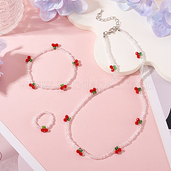 Cherry Glass Seed Beaded Necklaces & Bracelet & Finger Ring Sets for Women&nbsp;SJEW-TA0001-07