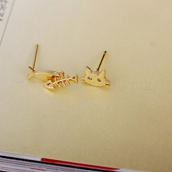 Real 18K Gold Plated Brass Cubic Zirconia Kitten Dangle Stud Earrings&nbsp;EJEW-EE0001-213
