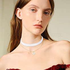Alloy White Enamel Flat Round with Letter A Pendant Single Face Velvet Ribbon & 304 Stainless Steel Chain Double Layered Necklaces for Women&nbsp;NJEW-TAC0040
