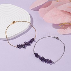 Natural Amethyst Chips Beaded Anklets Set with 304 Stainless Steel Cable Chains&nbsp;AJEW-AN00481-03