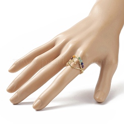 Natural Mixed Gemstone Braided Beaded Heart Open Cuff Ring&nbsp;RJEW-JR00549