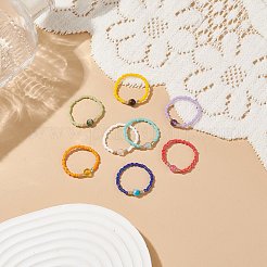 Natural Aquamarine/Amethyst/Indian Agate/Tiger Eye/Dyed Agate & Banded Agate/Dyed & Heated Quartz Crystal & Glass Seed Beaded Rings&nbsp;RJEW-JR00532