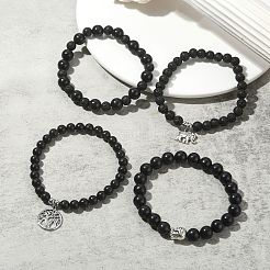 Natural Shungite & Lava Rock Round Beaded Bracelets Sets&nbsp;BJEW-JB09542