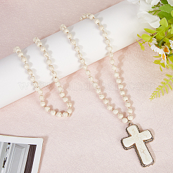 Alloy Pave Synthetic Turquoise Cross Pendant 8MM Round Beaded Necklaces for Women&nbsp;NJEW-WH20816-004AS