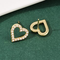 Brass ABS Plastic Pearl Hollow Heart Stud Earrings&nbsp;EJEW-L275-14G-04
