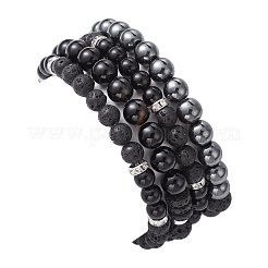 4Pcs 4 Style Natural Black Onyx & Lava Rock Beaded Stretch Bracelets Set&nbsp;BJEW-JB09672