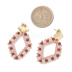 Rhombus Mixed Stone & Glass Seed Beads Dangle Stud Earrings&nbsp;EJEW-MZ00666-02