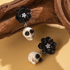 Flower with Skull Acrylic & Plastic Pearl Dangle Stud Earrings&nbsp;FS-WG9B583-01