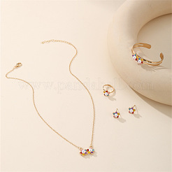 Flower Alloy Enamel Pendant Necklaces & Rings & Cuff Bangle & Stud Earrings Sets for Kids&nbsp;FS-WGD9166-01