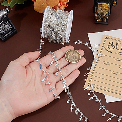 4M Flat Round with Cross Charm Brass Rhinestone Chains&nbsp;DIY-PH0030-93S