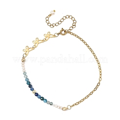 Natural Kyanite & Pearl Round Beaded Butterfly Anklets&nbsp;AJEW-AN00795-01