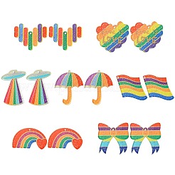 14Pcs 7 Shapes Rainbow Style Printed Acrylic Glitter Powder Pendants&nbsp;OACR-CJ0001-93