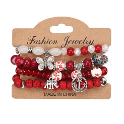 4Pcs Bohemian Style Alloy & Glass & Acrylic Charm Bracelets Set&nbsp;WG8E884-03