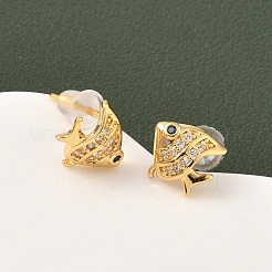 Brass Micro Pave Cubic Zirconia Fish Stud Earrings&nbsp;EJEW-D337-01G