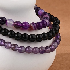 3Pcs 3 Style Natural Amethyst & Black Agate Round Beaded Stretch Bracelets Set&nbsp;PW23030762789