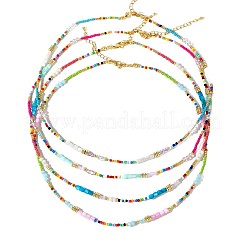 4Pcs 4 Styles Ethnic Style Rainbow Color Square Natural Shell & Glass & Glass Seed Beaded Necklaces for Women&nbsp;BO1499-1