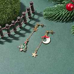Christmas Tree & Moon Alloy Enamel Dangle Stud Earrings&nbsp;EJEW-TA00096
