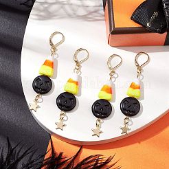 Halloween Candy Corn Handmade Lampwork & Black Pumpkin Synthetic Turquoise Leverback Dangle Earrings&nbsp;EJEW-JE05872