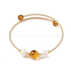 Round Natural Amber and Pearl Beads Brass Cuff Bangles&nbsp;BJEW-JB14464