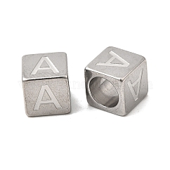 304 Stainless Steel European Beads, Large Hole Beads, Cube with Letter, Letter A, 7x7x7mm, Hole: 5mm